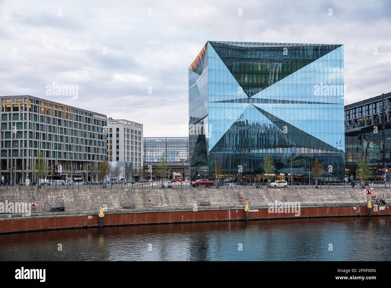 the Cube Berlin, cubeshaped office building on Washington square near the central station, left