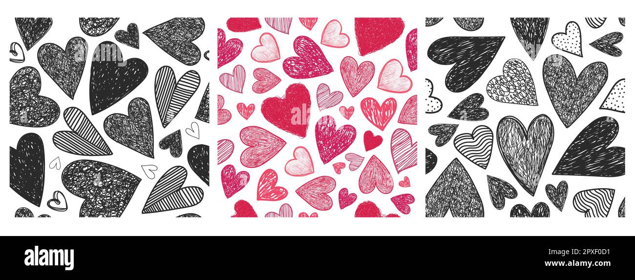 Vector set of seamless patterns. Hand drawn doodle hearts, textured ...