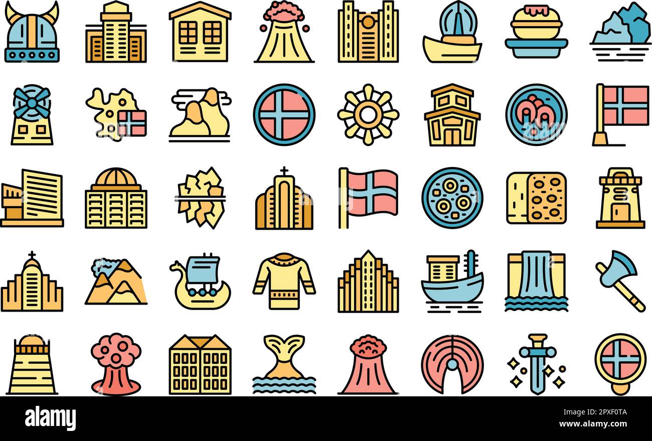 Iceland icons set outline vector. North island. Polar tourist thin line color on white Stock Vector