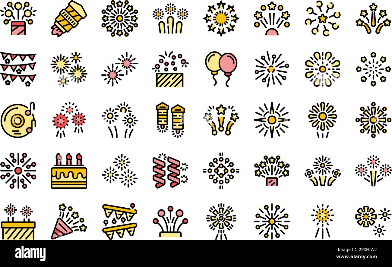 Fireworks icons set outline vector. New year. Celebrate people thin ...