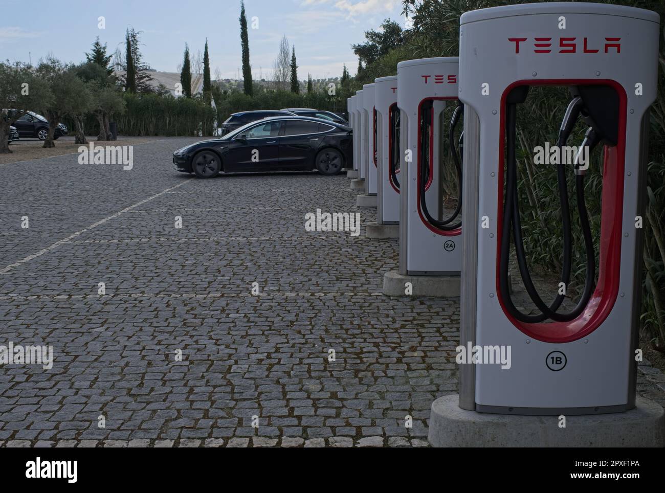 MontemoroNovo, Portugal April 1, 2023 A static shot of a solid black Tesla Model 3 dual
