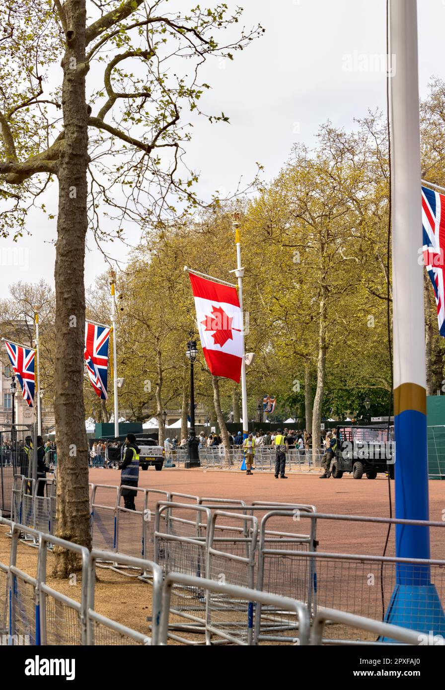 30th April 2023 Canadian National Flag with Union Jack Flags, The Mall