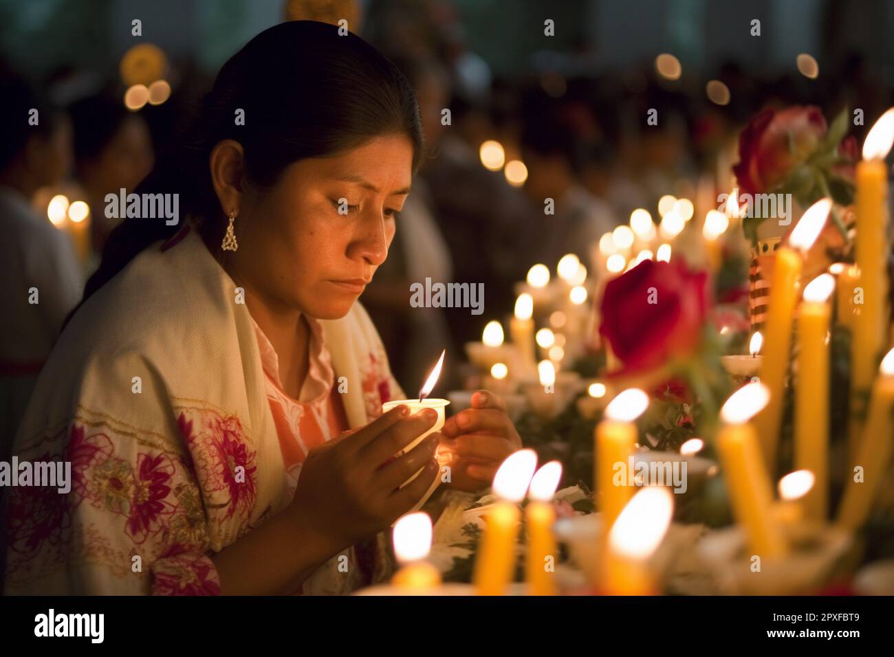 A woman lights candles in a vigil for the dead of the dead Stock Photo
