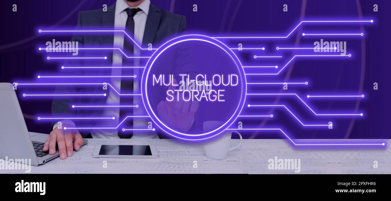 Text caption presenting Multi Cloud Storage, Business approach use of multiple cloud computing and storage services Stock Photo