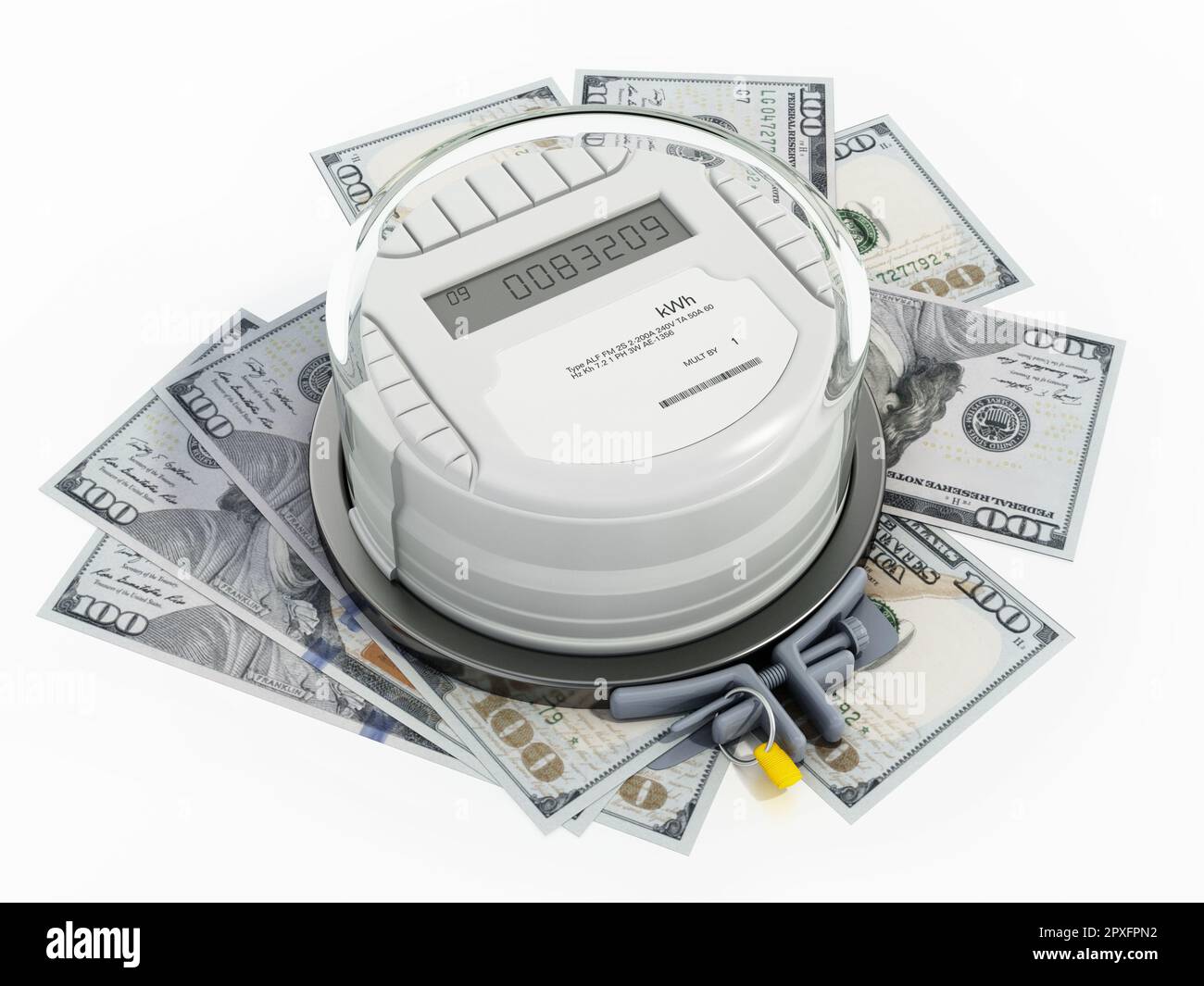 Electricity meter standing on dollar bills. 3D illustration Stock Photo ...