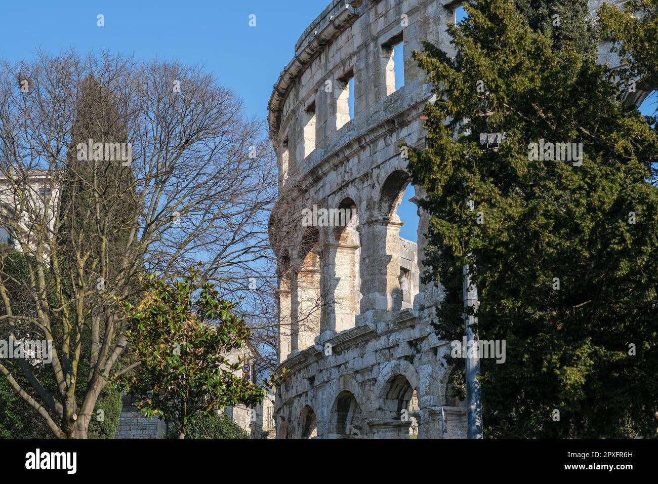 Pula Arena (Croatian: Pulska Arena), a Roman amphitheatre located in Pula, Croatia. Stock Photo