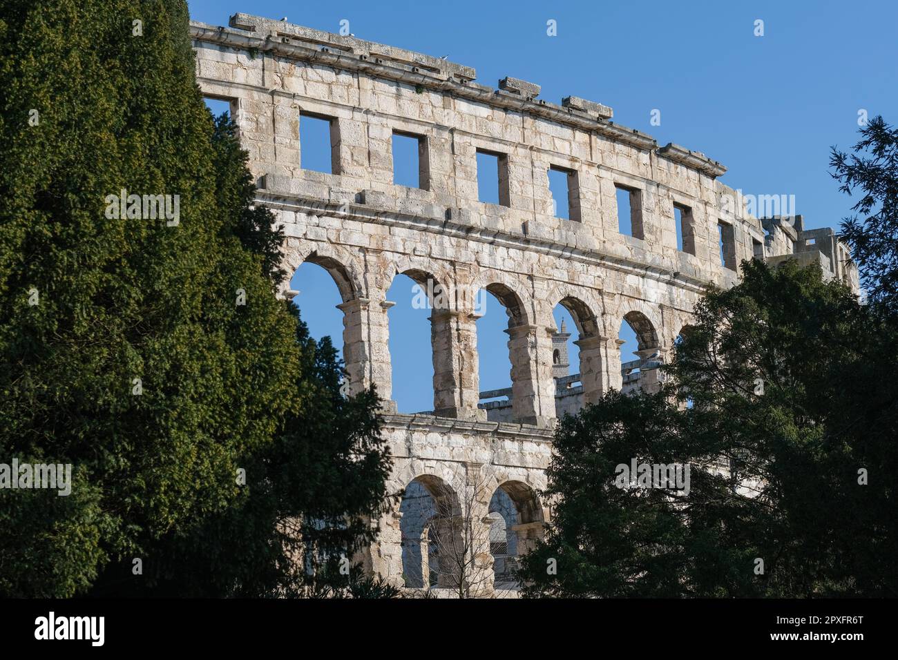 Pula Arena (Croatian: Pulska Arena), a Roman amphitheater located in Pula, Croatia. Stock Photo
