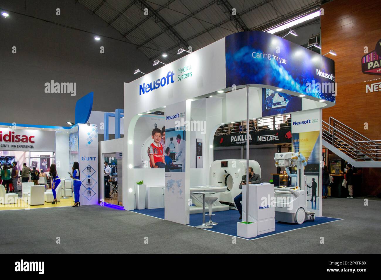 Exhibition of stands of different business brands at the Tecnosalud Peru 2021 event. Stock Photo