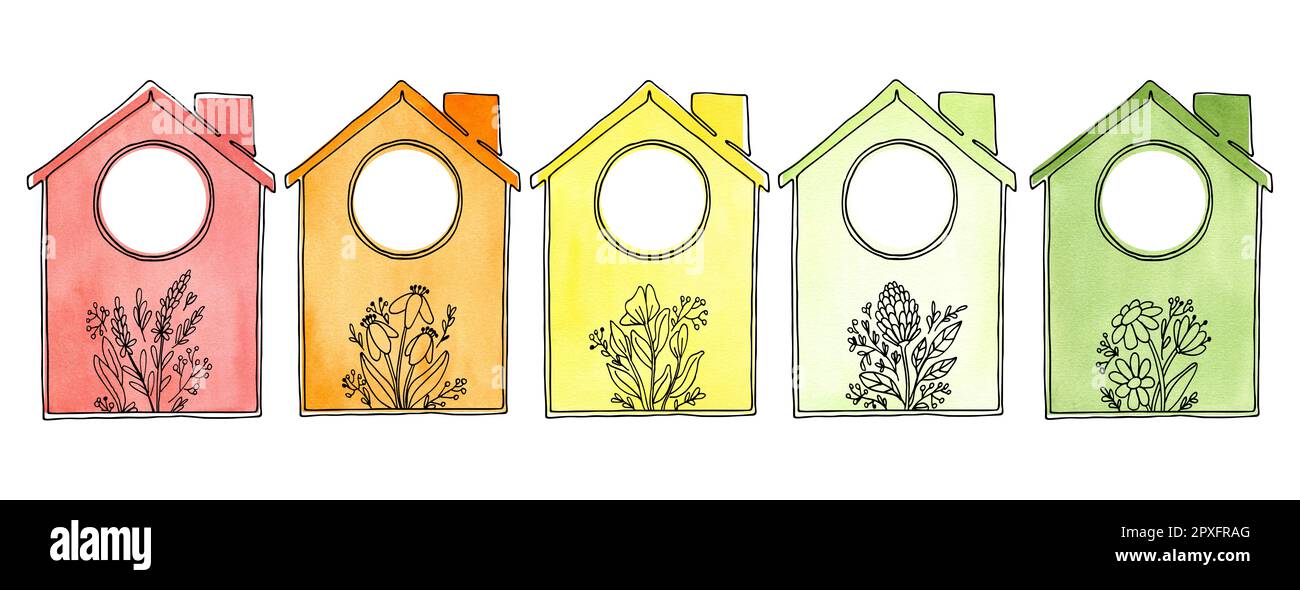 A hand-drawn watercolor set of colorful houses of red, orange, yellow and green flowers and summer plants in the form of graphics on a white backgroun Stock Photo