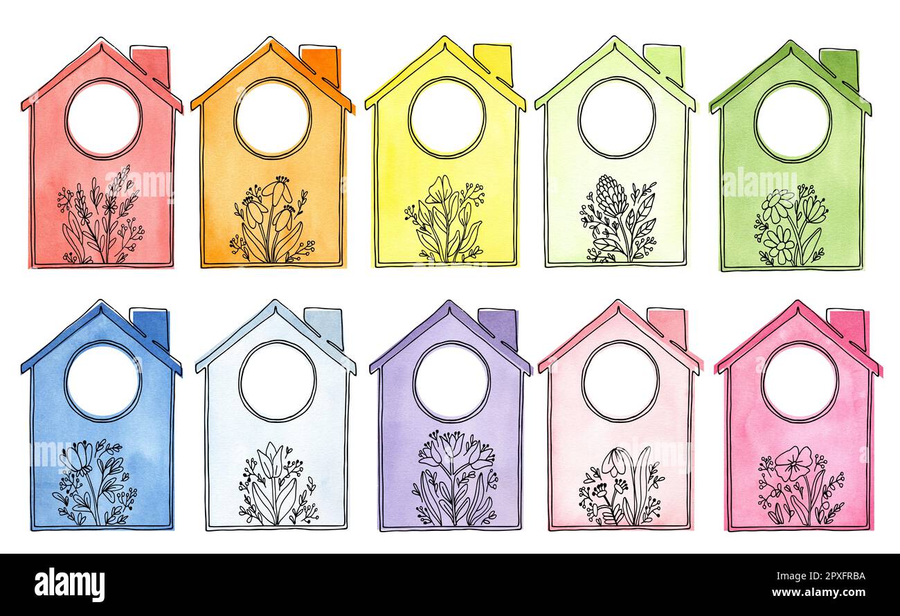 A hand-painted watercolor set of colorful houses of rainbow colors and summer plants in the form of graphics on a white background. rainbow, garden, v Stock Photo