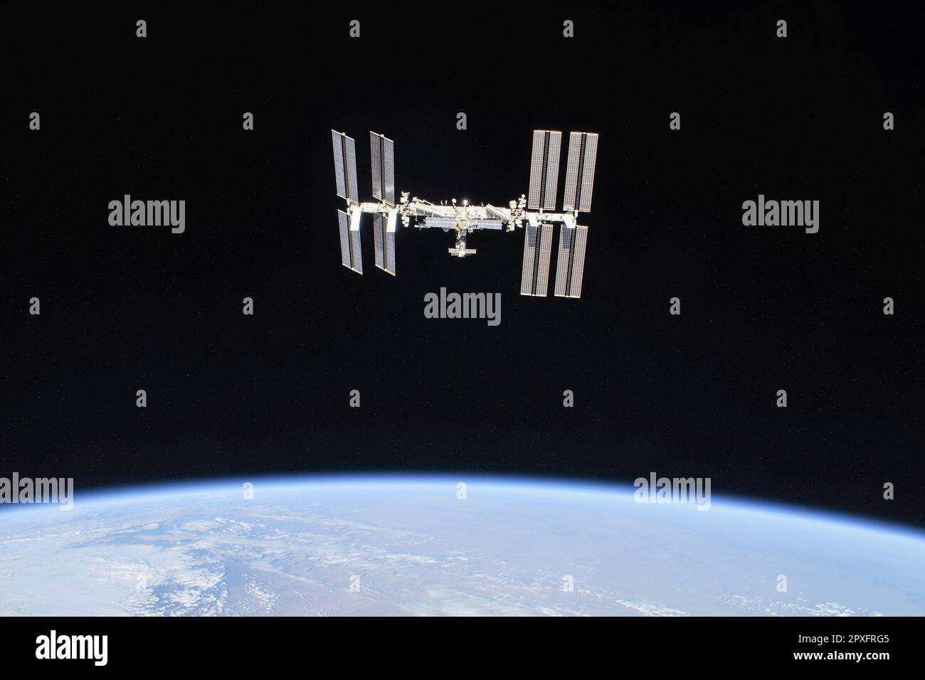 The International Space Station (ISS) photographed by Expedition 56 crew members from a Soyuz spacecraft after undocking on October 4, 2018. NASA astronauts Andrew Feustel and Ricky Arnold and Roscosmos cosmonaut Oleg Artemyev executed a fly around of the orbiting laboratory to take pictures of the station before returning home after spending 197 days in space. The station will celebrate the 20th anniversary of the launch of the first element Zarya in November 2018. Credit: NASA/Roscosmos via CNP Stock Photo