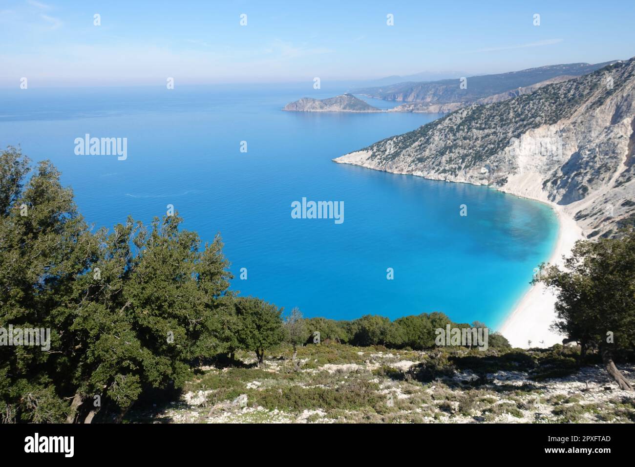 Looking down on over Myrtos beach, a white sand beach surronded by white cliffs, Kefalonia Stock Photo