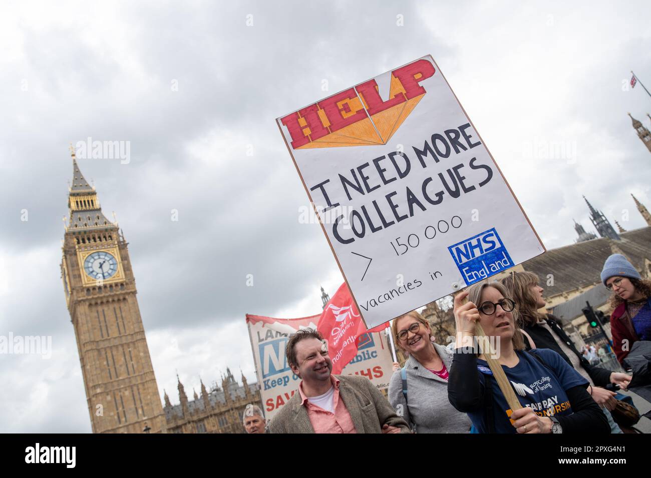 London, UK. 1st May, 2023. Striking NHS Staff from St Thomas Hospital to Trafalgar Sqaure in London, The RCN are striking over pay and job conditions. Credit: Lucy North/Alamy Live News Stock Photo