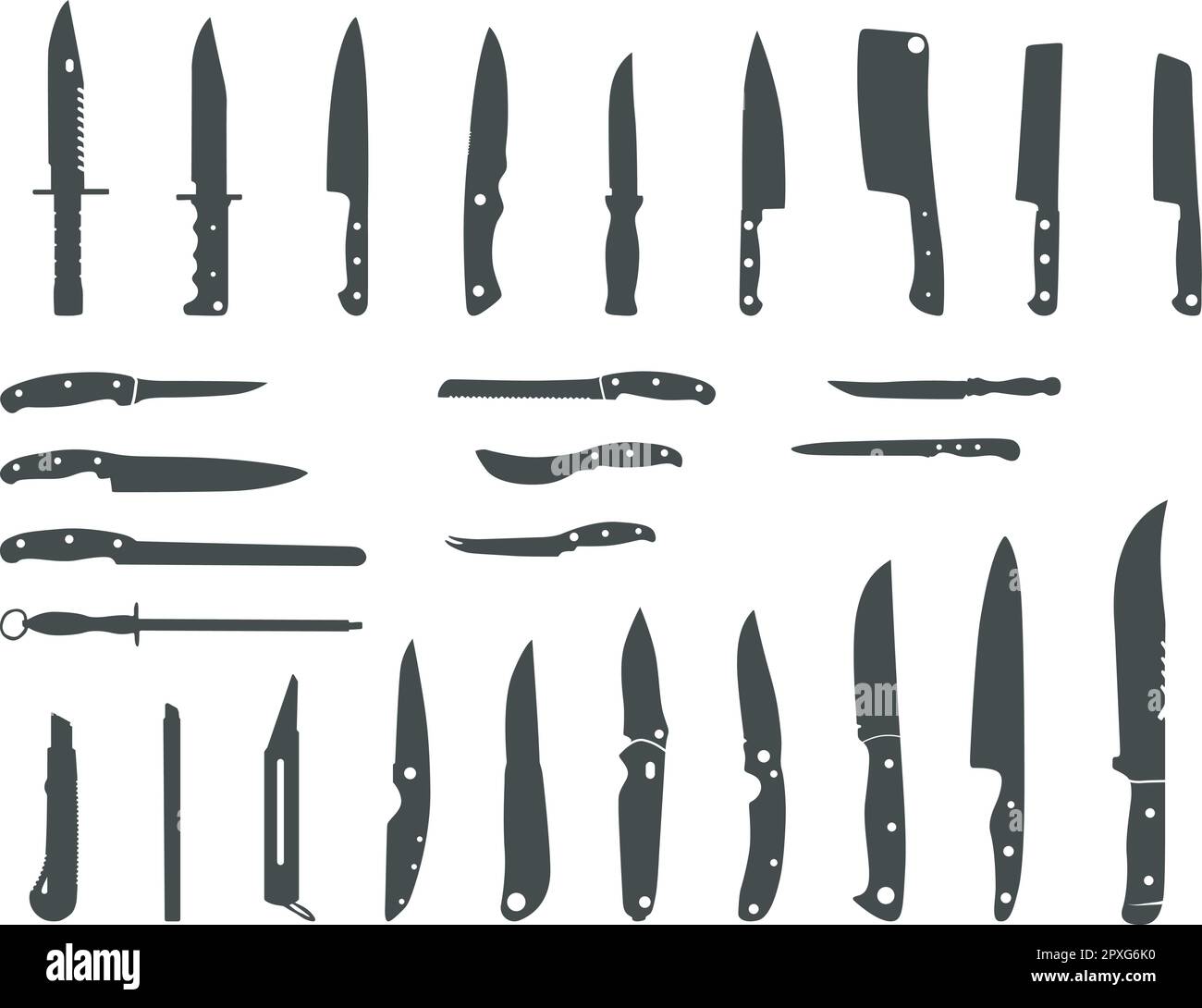 Knife silhouette, Meat cutting knives set, Kitchen knife silhouettes Stock Vector