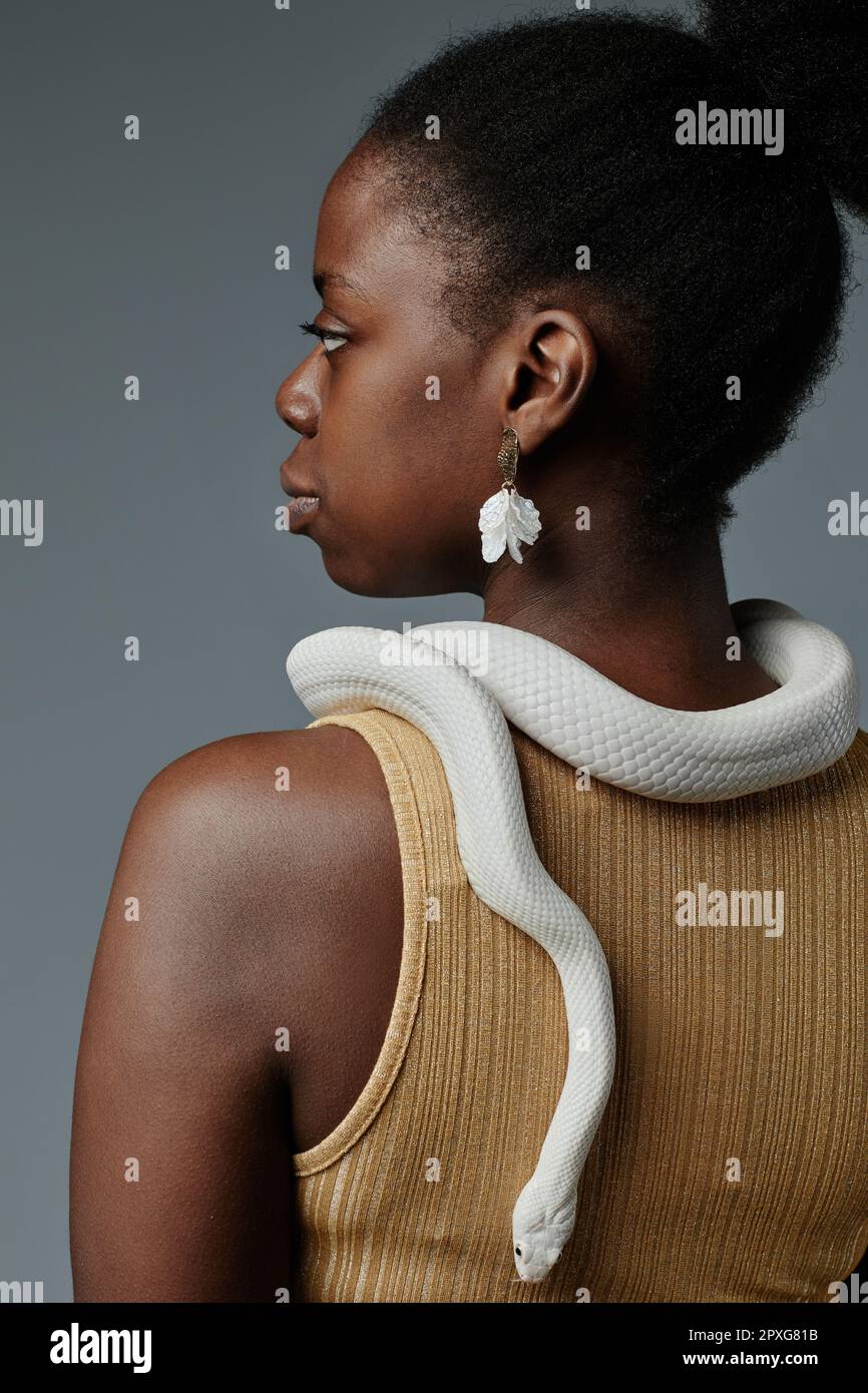 Rear view of young gorgeous African American woman in earrings posing with white rat snake enlacing her neck and creeping down back Stock Photo