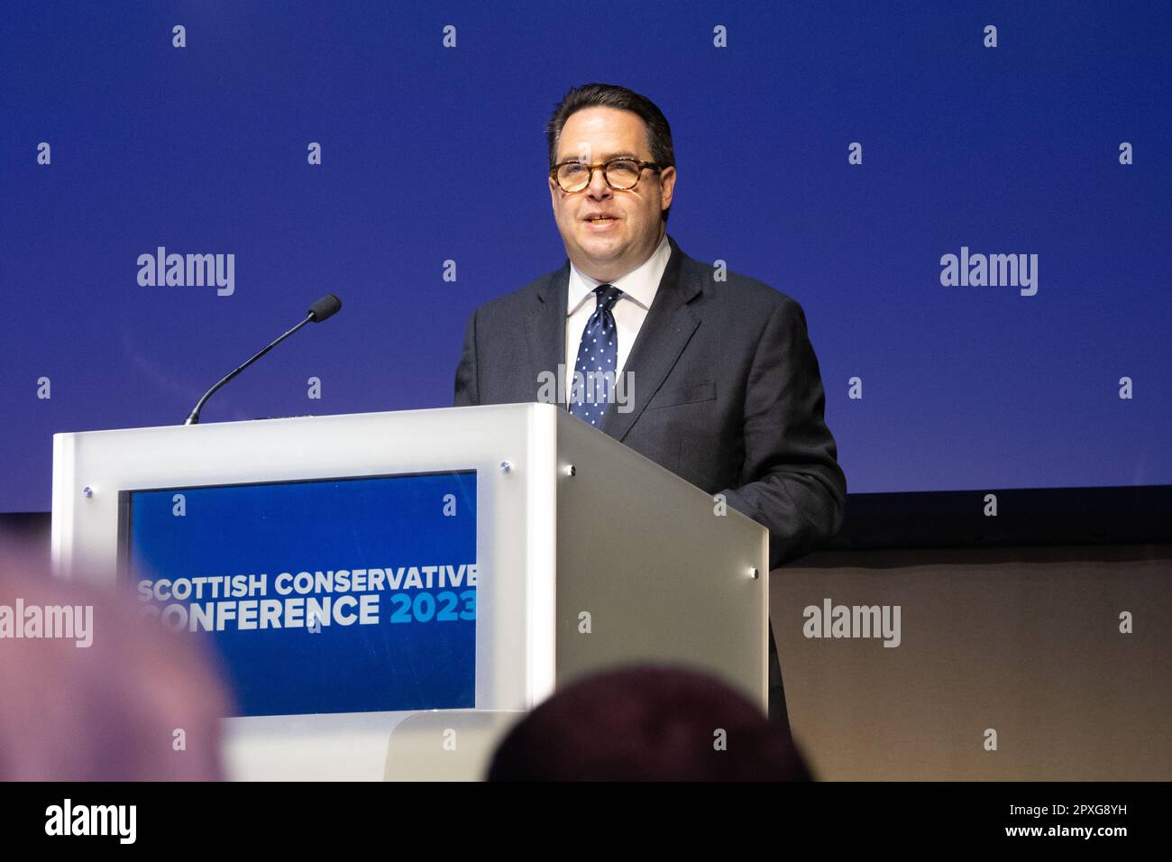 Craig Hoy Chairman of the Scottish Conservative and Unionist Party speaking at the Scottish Conservative Party Conference 2023, Glasgow, Scotland, UK Stock Photo