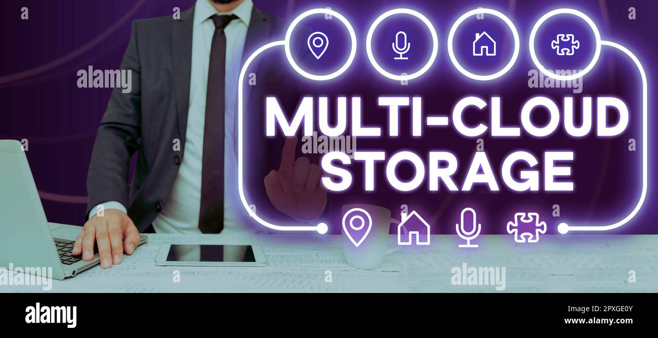 Conceptual display Multi Cloud Storage, Business approach use of multiple cloud computing and storage services Stock Photo