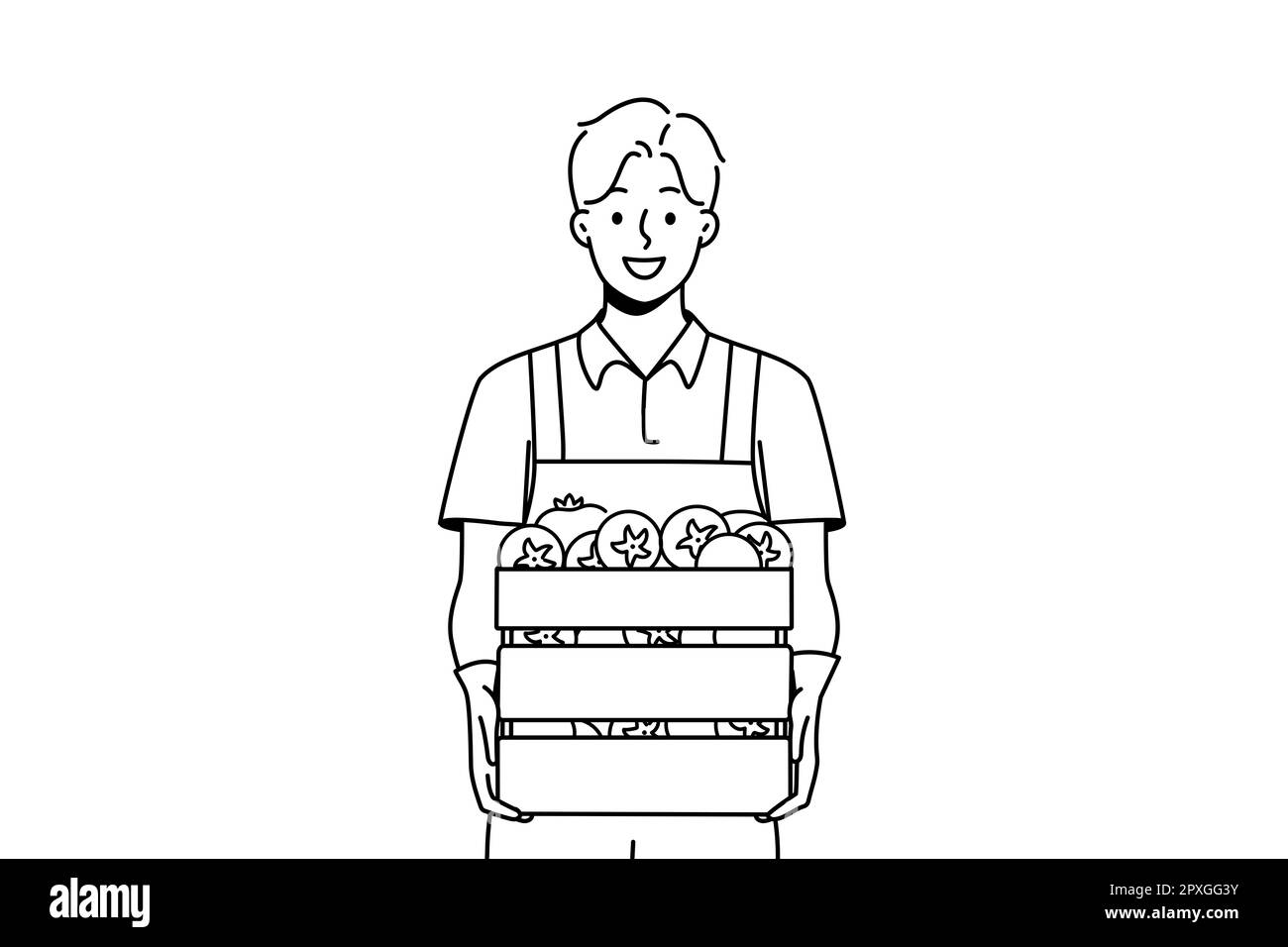 Smiling male farmer holding box of fresh tomatoes. Happy man gardener ...