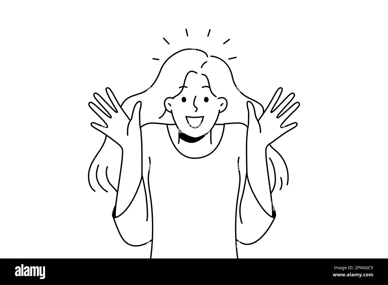 Overjoyed young woman feel astonished and surprised. Smiling girl feeling shocked and stunned with emotions. Vector illustration. Stock Photo