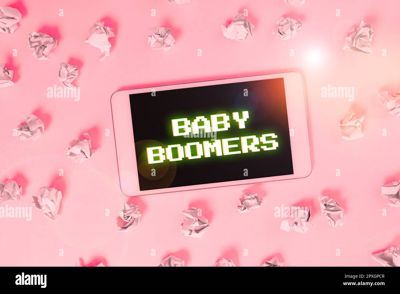 Text caption presenting Baby Boomers, Word for person who is born in years following Second World War Stock Photo