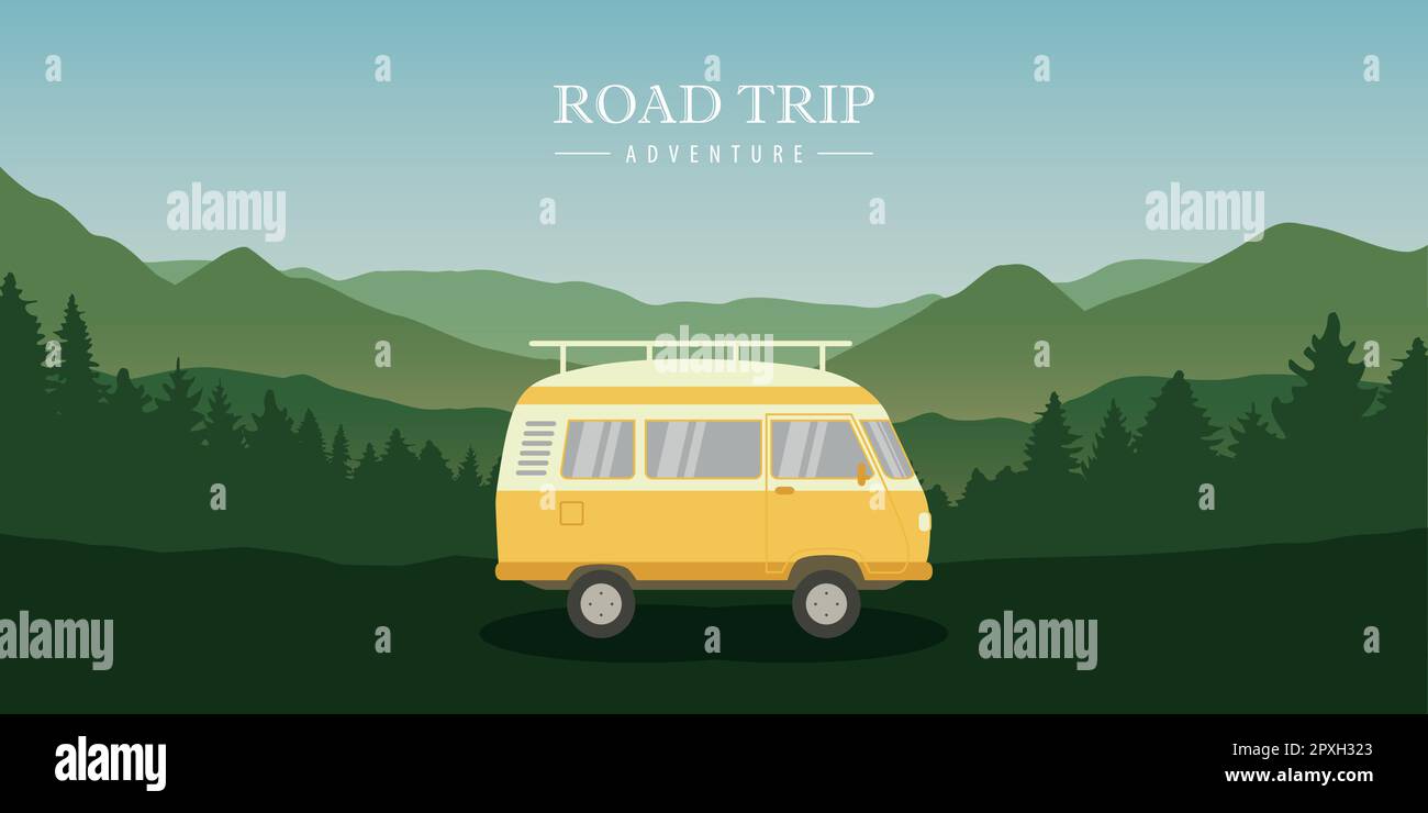 road trip camping adventure in the wilderness with camper van vector ...