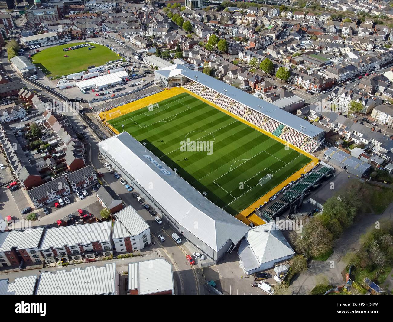 View from the air of Rodney Parade Stadium at Newport in Wales, home of