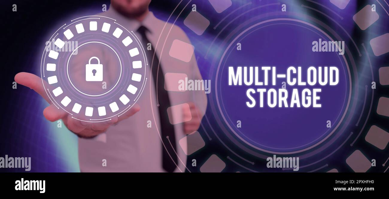 Sign displaying Multi Cloud Storage, Word Written on use of multiple cloud computing and storage services Stock Photo