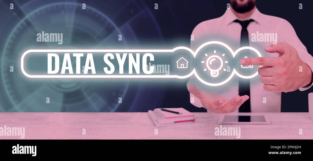 Conceptual display Data Sync, Internet Concept data that is continuously generated by different sources Stock Photo