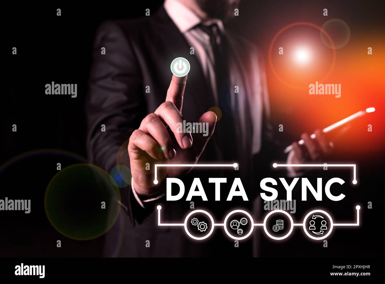 Conceptual caption Data Sync, Business concept data that is continuously generated by different sources Stock Photo