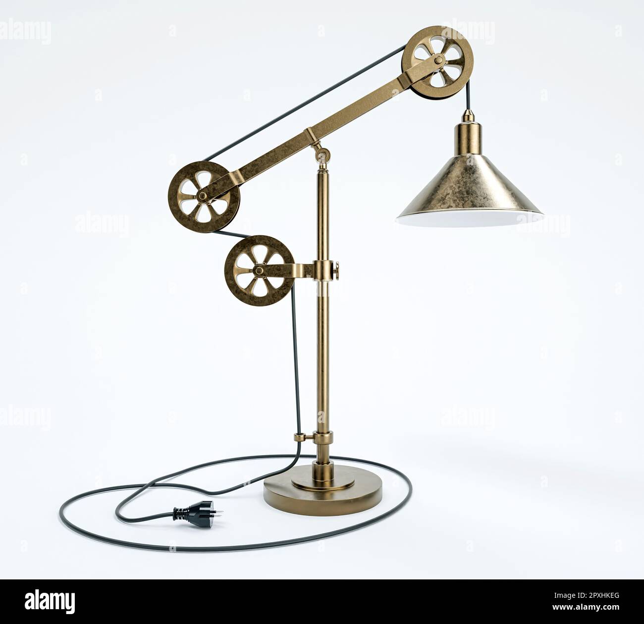 An industrial styled desk lamp on an isolated white studio background