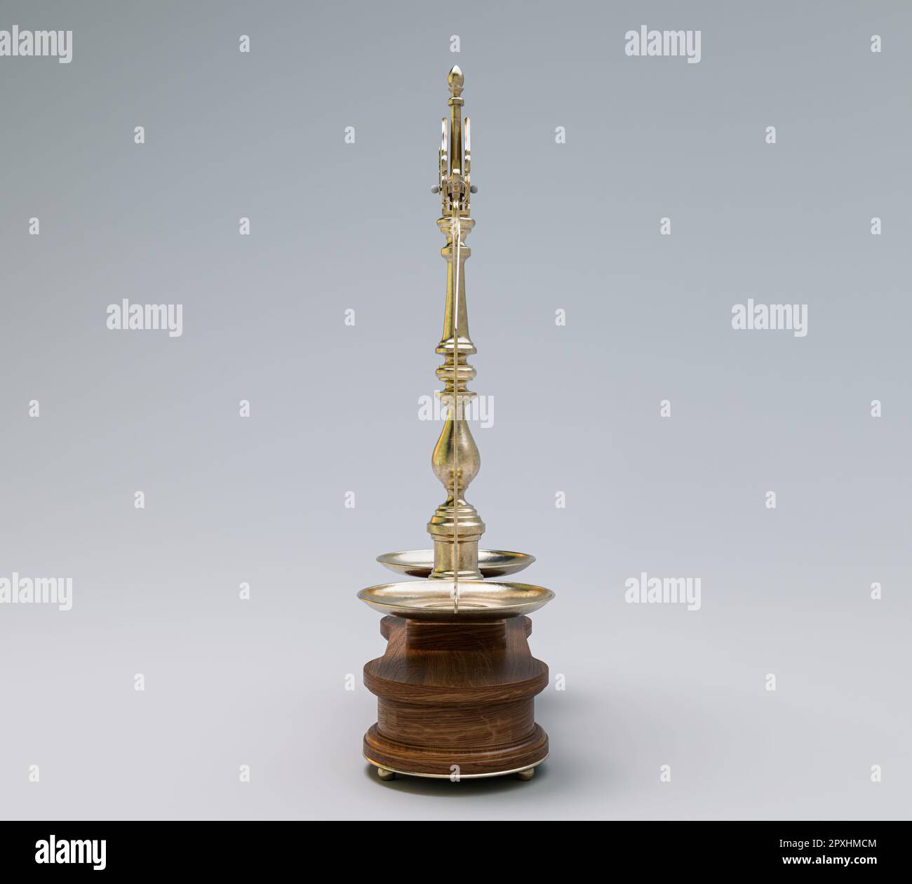 Ornate brass justice scales with a wooden base on a white isolated background - 3D render Stock Photo
