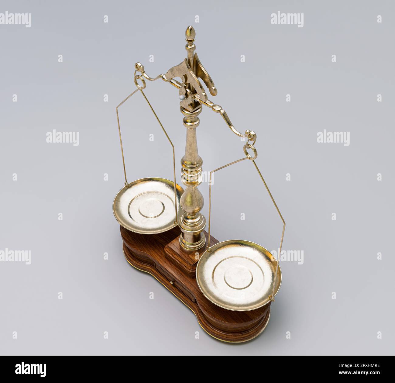 Ornate brass justice scales with a wooden base on a white isolated background - 3D render Stock Photo