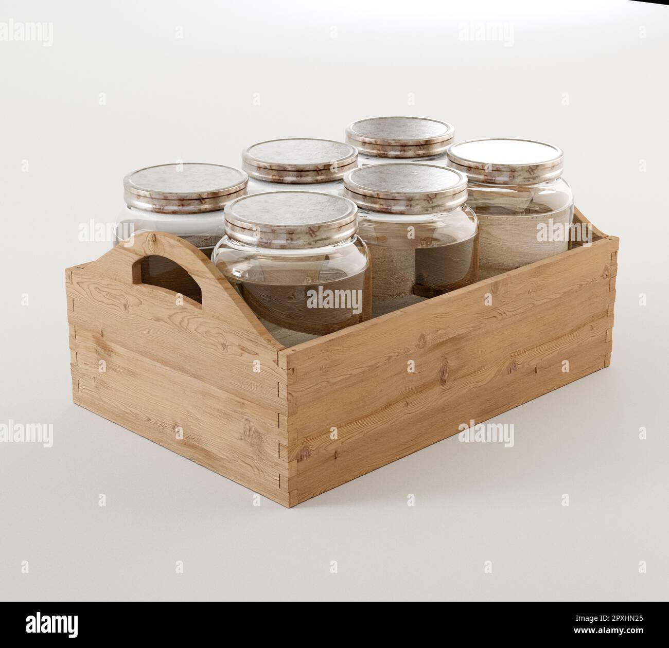 Glass food containers with wooden lid isolated on white background