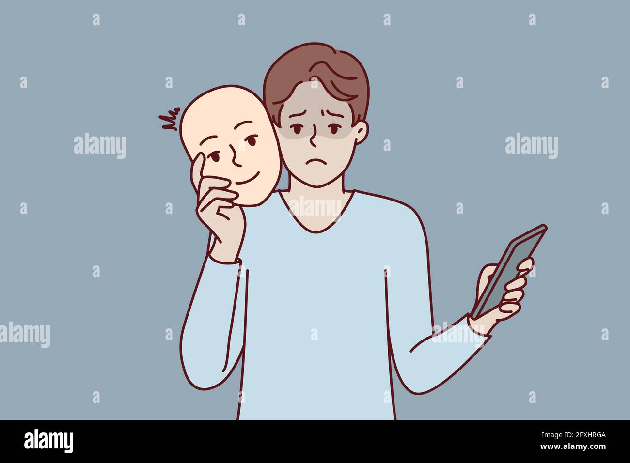 Unhappy man uses mask to pretend to be positive kind human during online dating and social media chat. Guy with phone remove face with smile after imp Stock Photo