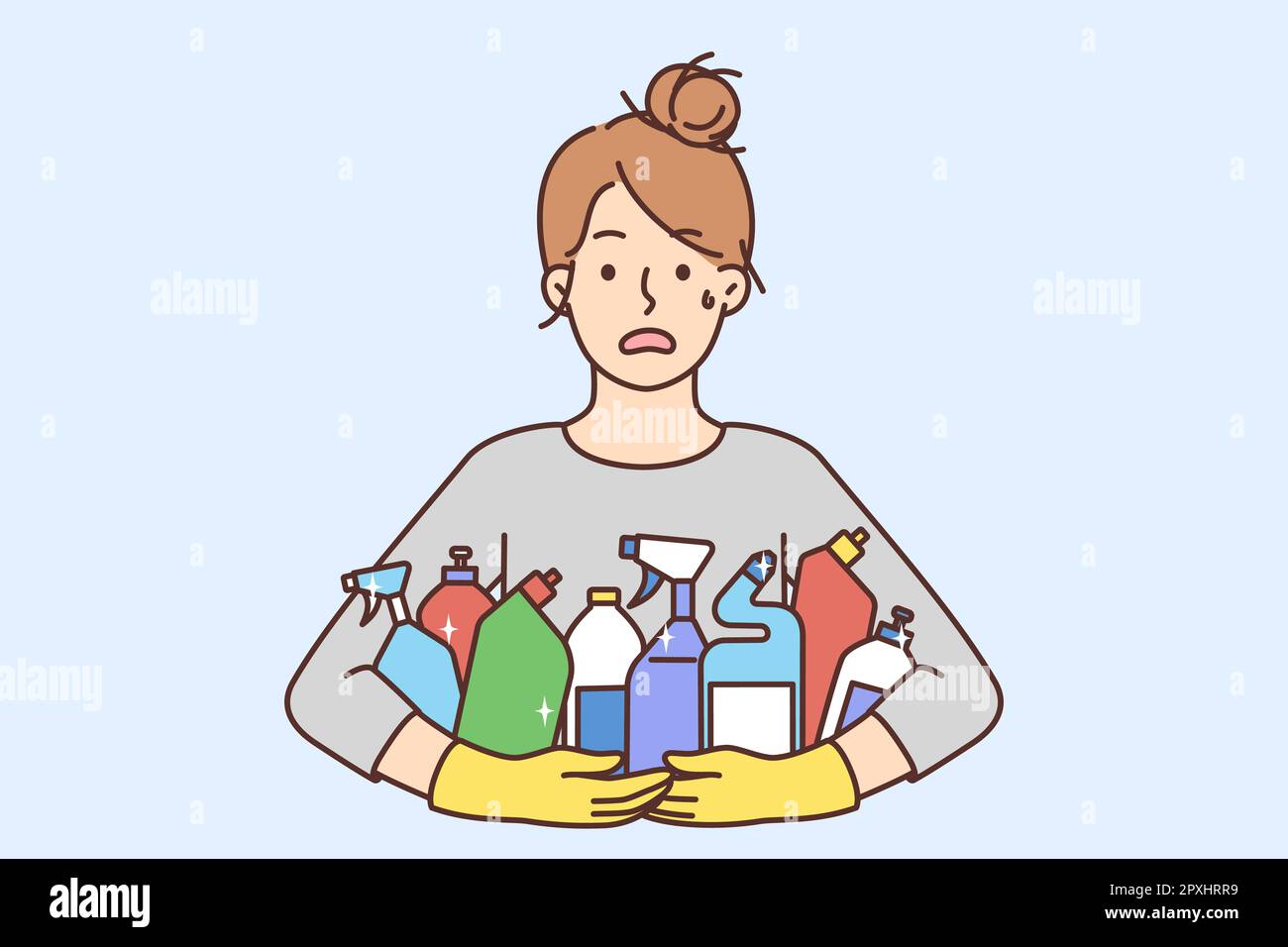 Stressed young woman with liquids bottles in hands frustrated with household work. Unhappy female distressed with cleaning and washing. Housekeeping. Stock Photo