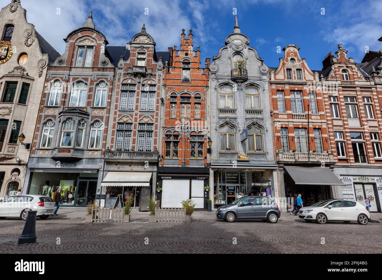 Historic gabled buildings now shops and offices in Ijzerenleen in Old Town, Mechelen, Belgium Stock Photo