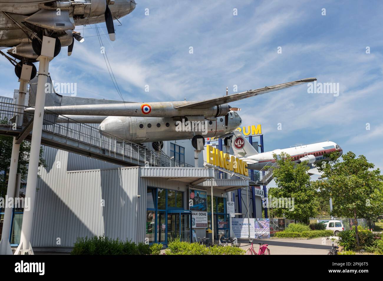 Entrance to the Technik Museum Speyer - technical museum. Left to right Nord Noratlas, VFW-Fokker 614. Speyer, Germany. Stock Photo