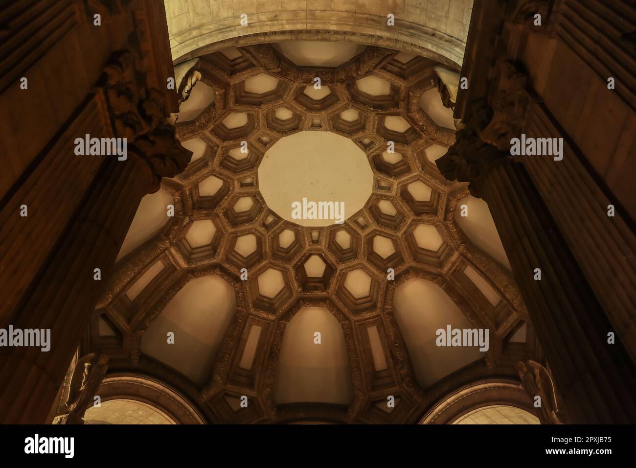 The interior details of the dome of the Palace of Fine Arts in San Francisco, California at night. Stock Photo