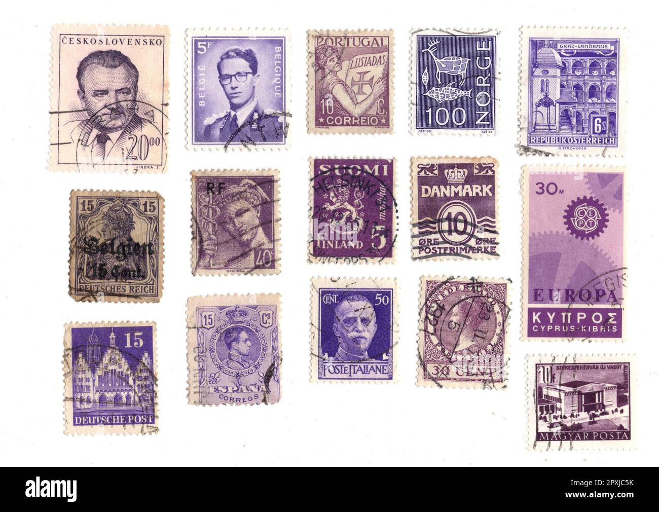 Purple vintage postage stamps from Europe isolated on a white background. Stock Photo