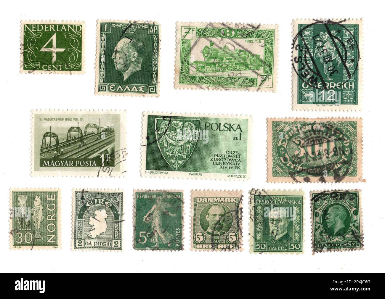 Green vintage postage stamps from Europe isolated on a white background. Stock Photo