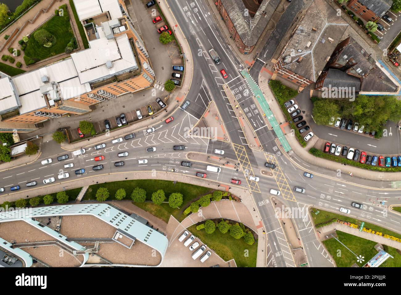 Aerial view directly above a complex road junction or intersection with ...