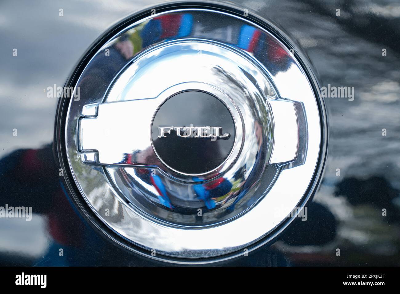 High-resolution close up image of a car logo on display, viewed from a slight angle Stock Photo