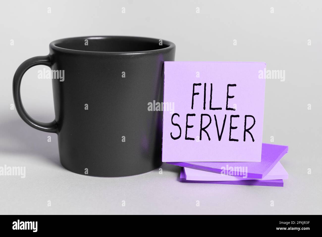 Handwriting text File Server, Business idea device which controls access to separately stored data Stock Photo