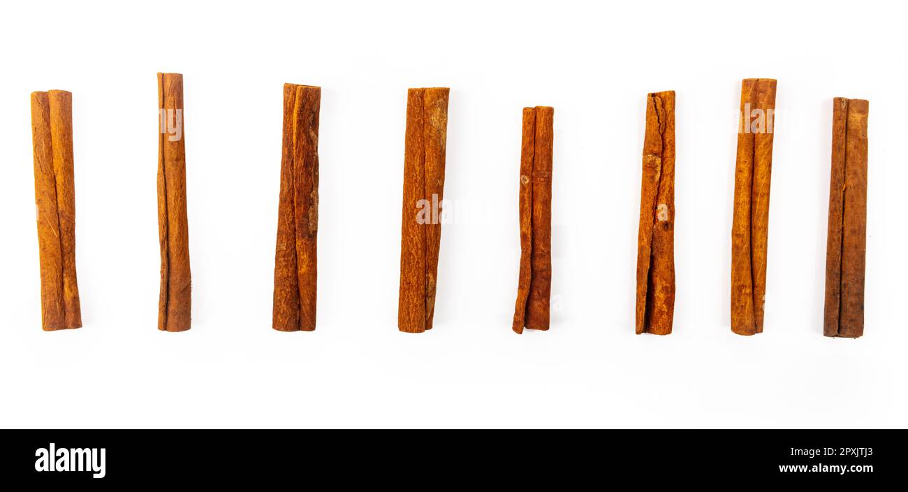 Dried Cinnamon sticks in a row isolated over white background Stock Photo