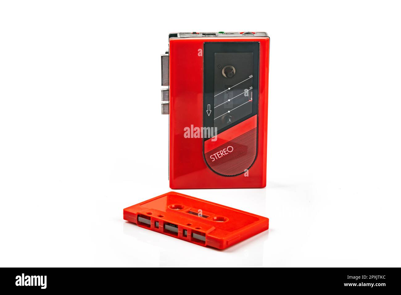 Beautiful red vintage audio cassette player over white background Stock Photo