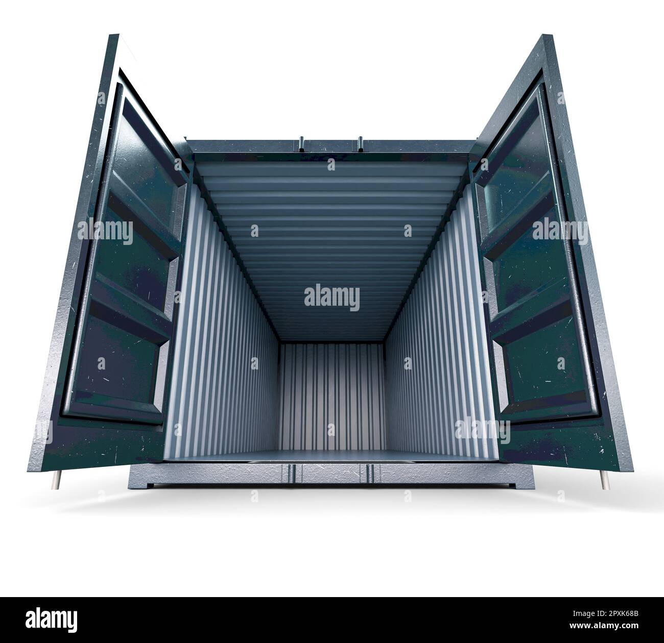 A shipping container with open doors and a locking mechanism on an