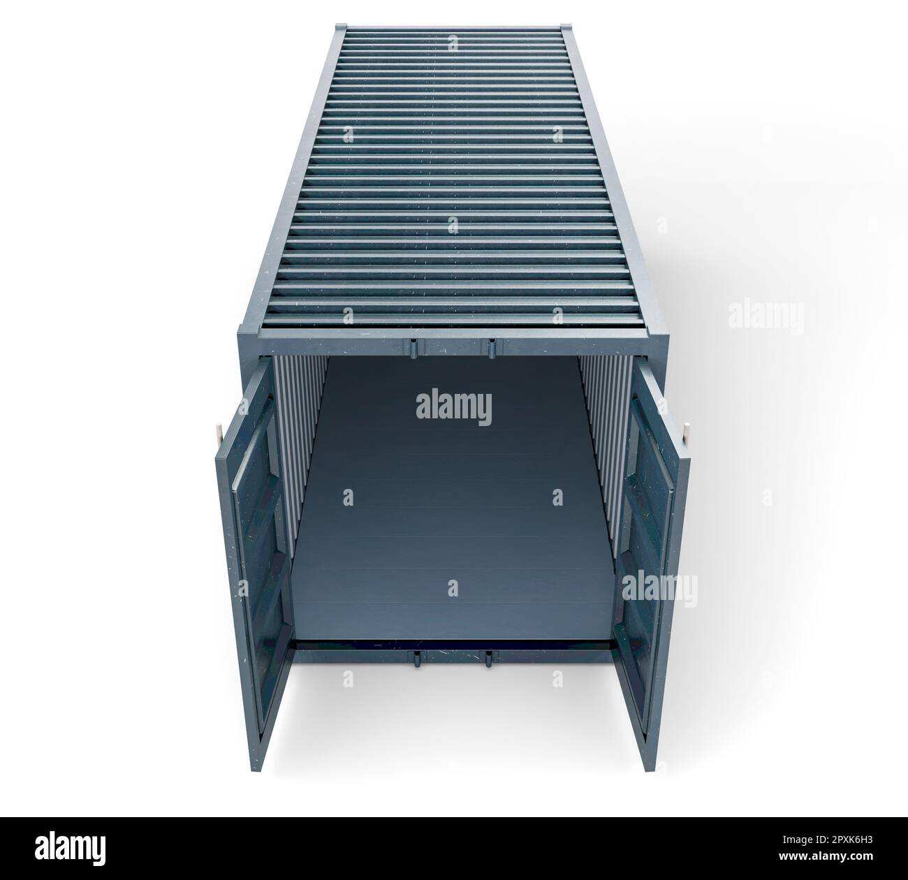 A shipping container with open doors and a locking mechanism on an