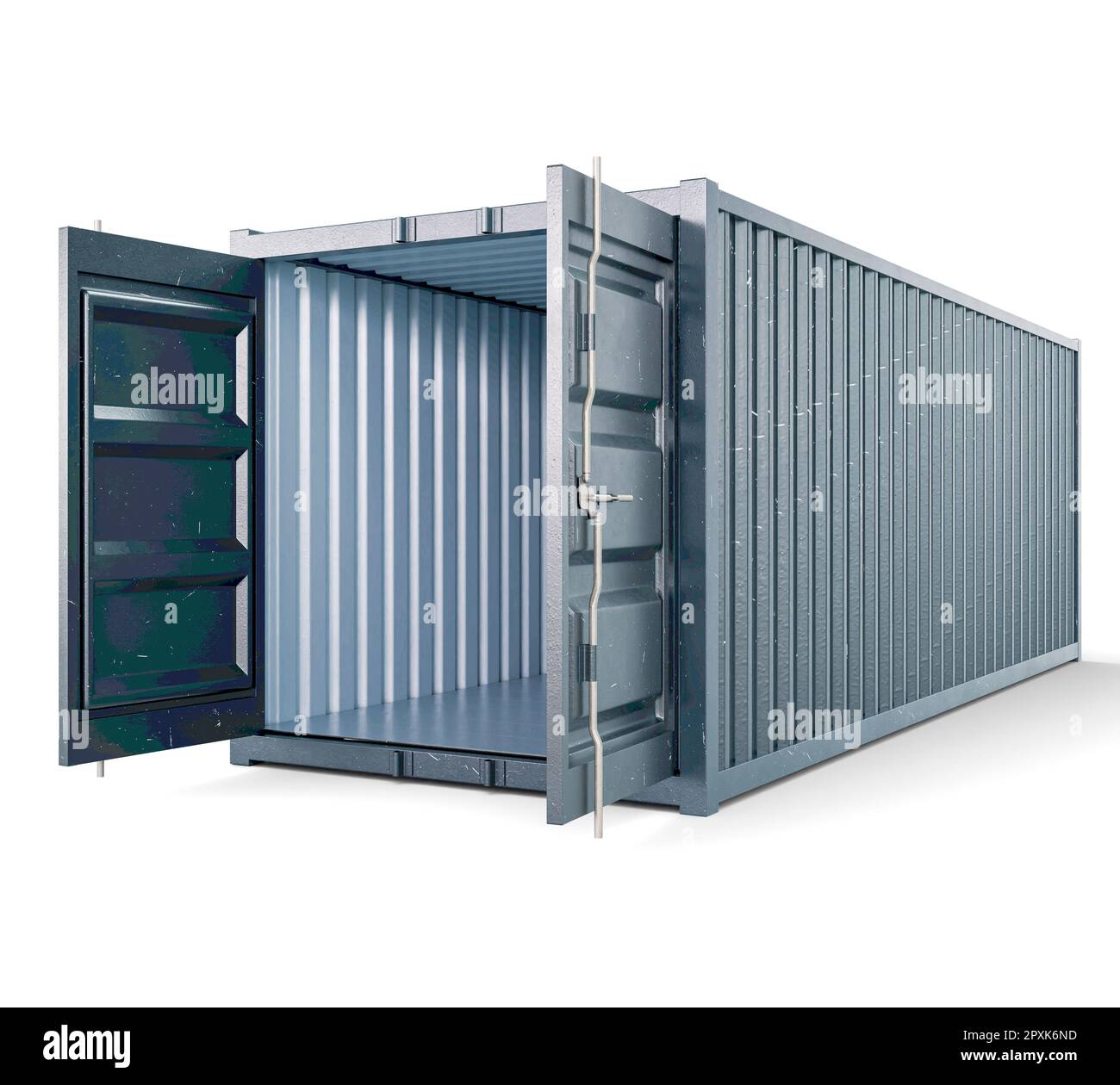 A shipping container with open doors and a locking mechanism on an