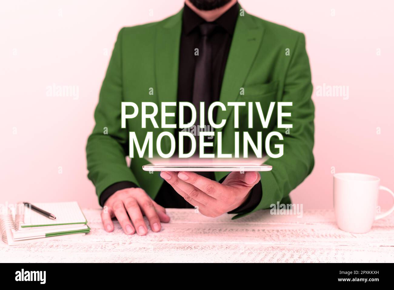 Text caption presenting Predictive Modeling, Business overview maintenance strategy driven by predictive analytics Stock Photo