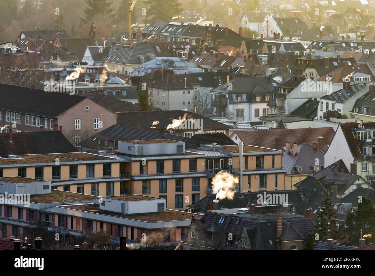wintry roof landscape of freiburg with plumes of smoke from chimneys Stock Photo